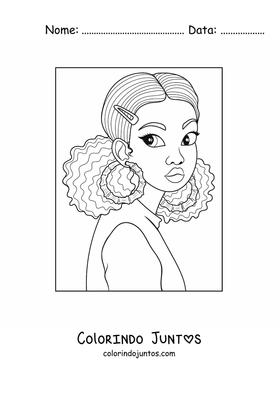 Desenho para colorir de uma garota afro-americana com brincos grandes e o cabelo cacheado