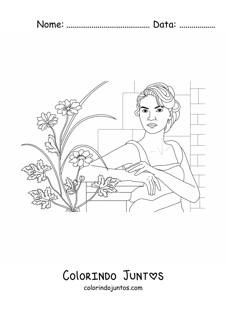 Desenho para colorir de uma mulher realista junto a varias flores plantadas