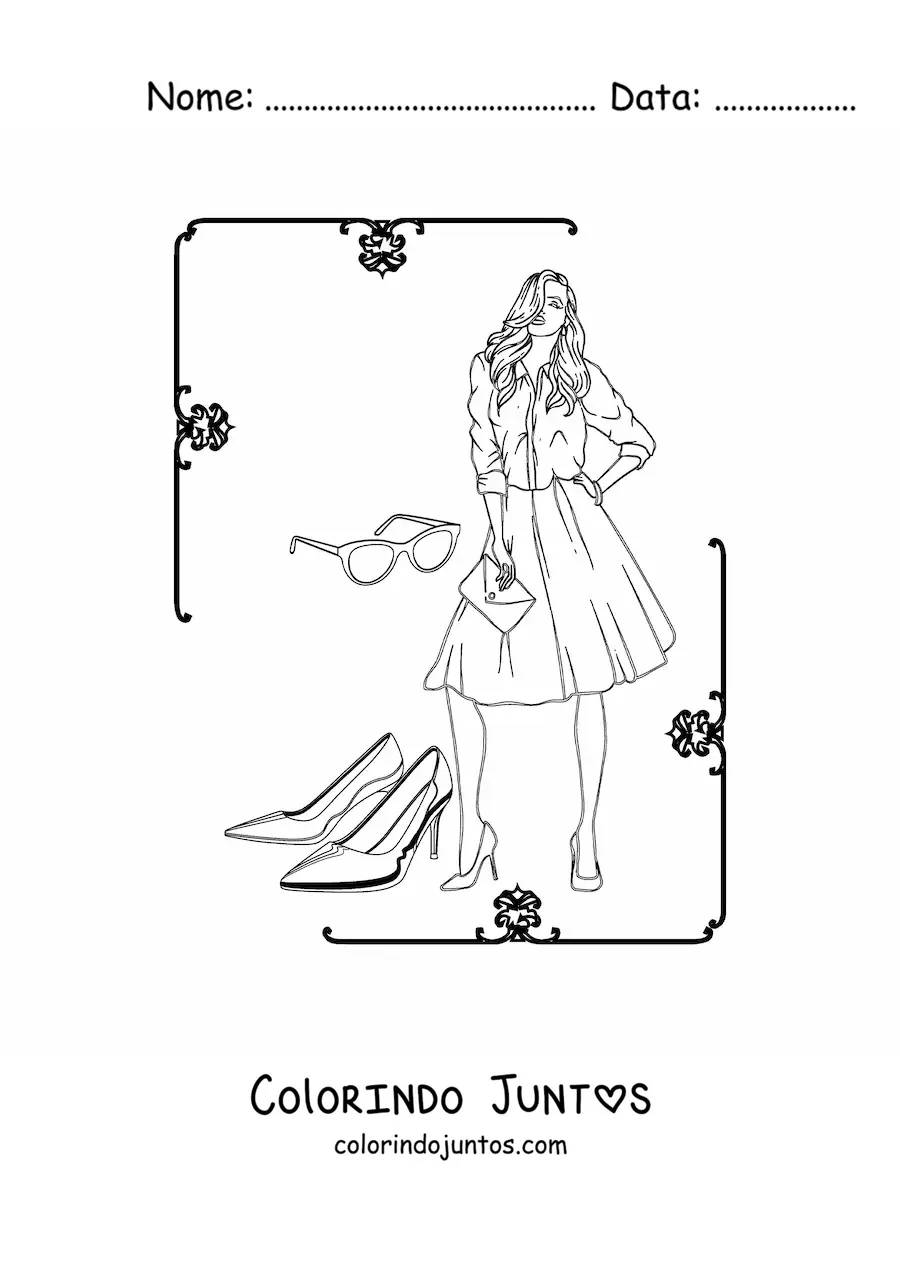 Desenho para colorir de uma mulher usando um vestido e saltos altos