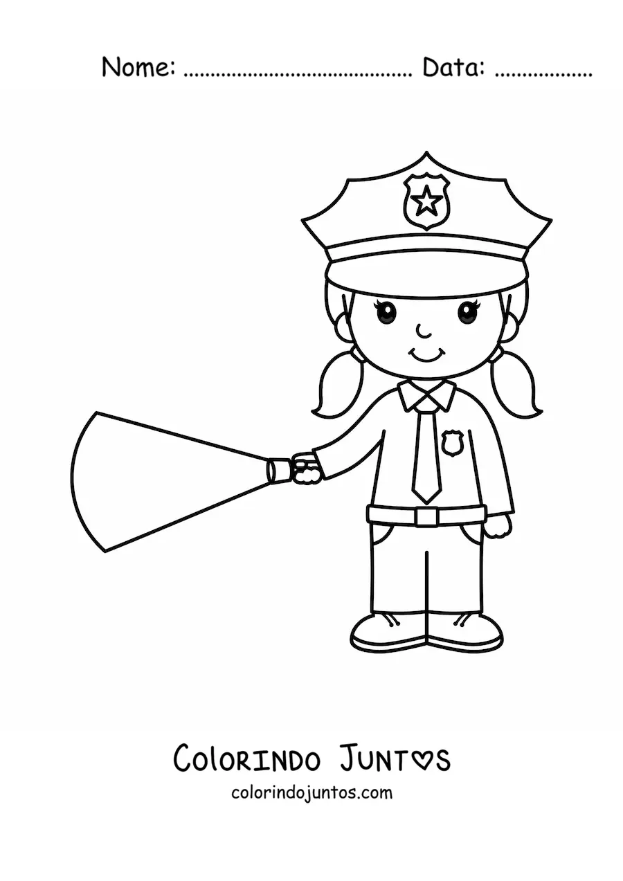 Desenho para colorir de uma mulher policial kawaii com uma lanterna