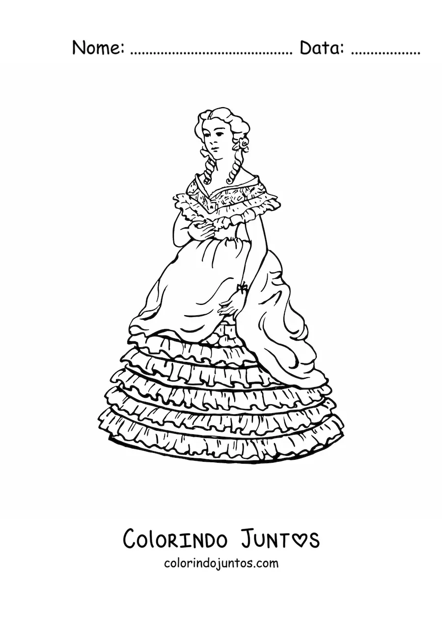 Desenho para colorir de uma mulher usando um vestido longo estilo vintage