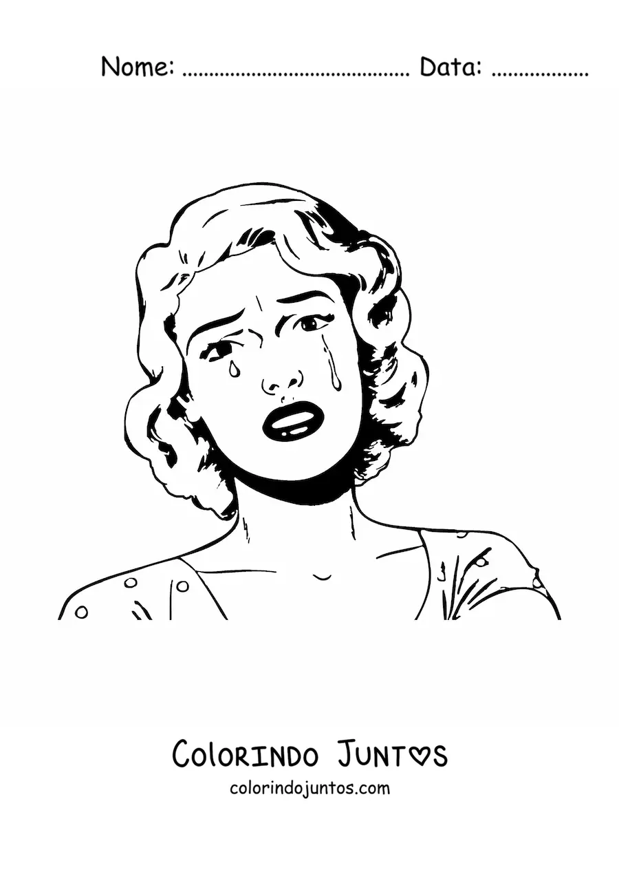 Desenho para colorir do rosto de uma mulher chorando desenhado em estilo vintage