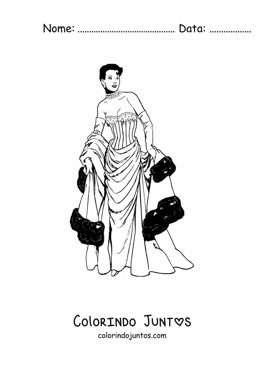 Desenho para colorir de uma dama vestida na moda vintage