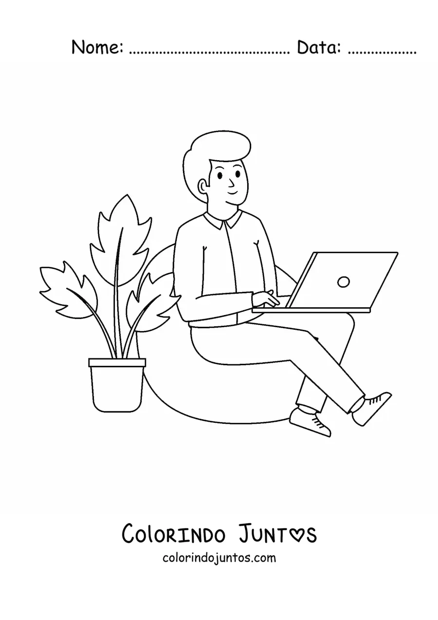 Desenho para colorir de um homem moderno trabalhando no computador