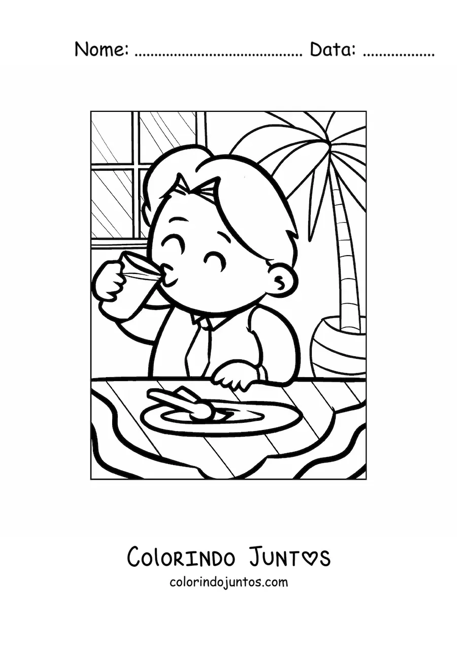 Desenho para colorir de um homem vestido de gravata comendo feliz