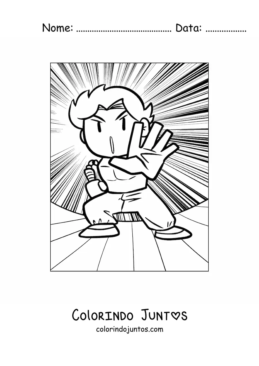 Desenho para colorir do desenho de um homem caratista desferindo um golpe forte
