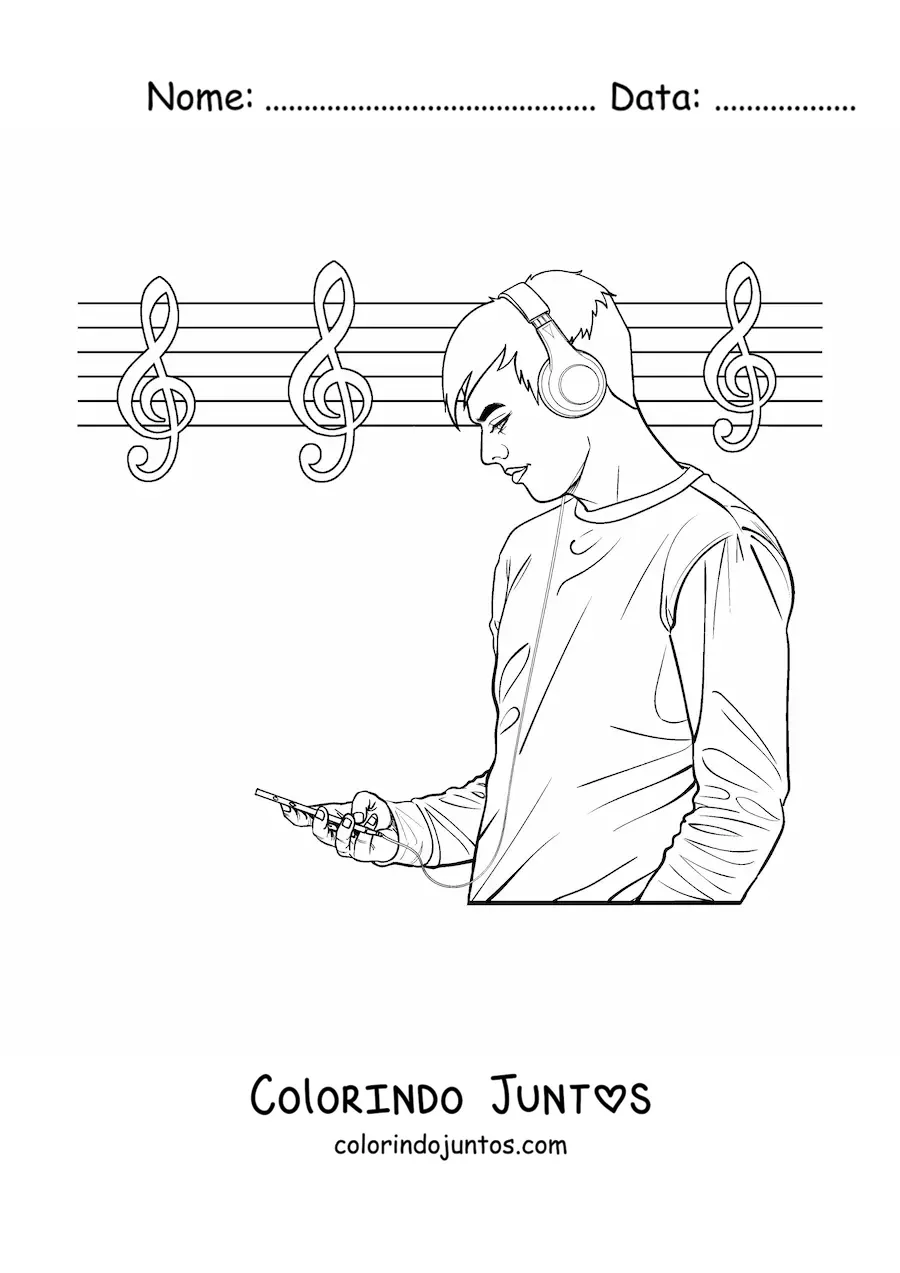 Desenho para colorir de um homem jovem ouvindo musica com fones de ouvido com uma pauta musical ao fundo