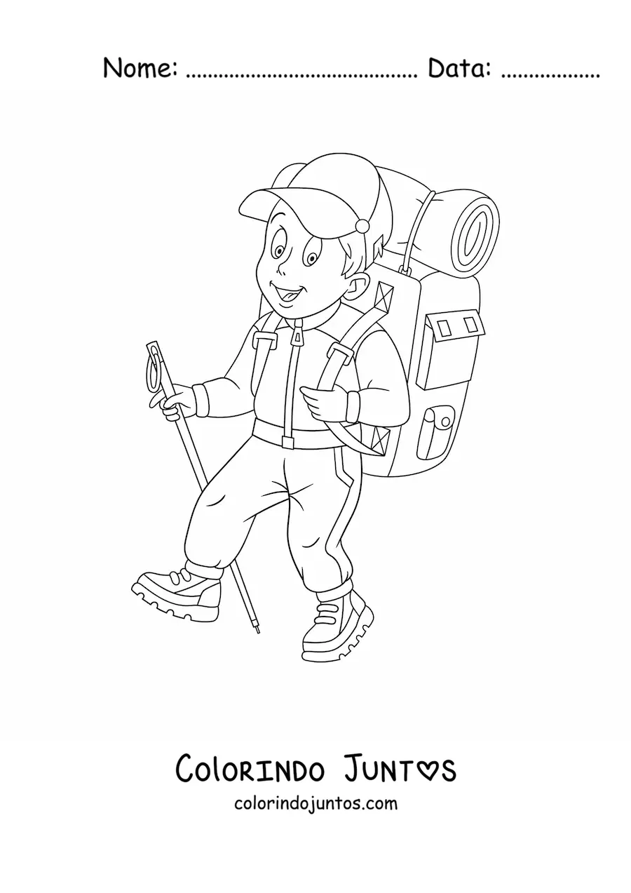 Desenho para colorir de um homem feliz vestido de montanhista