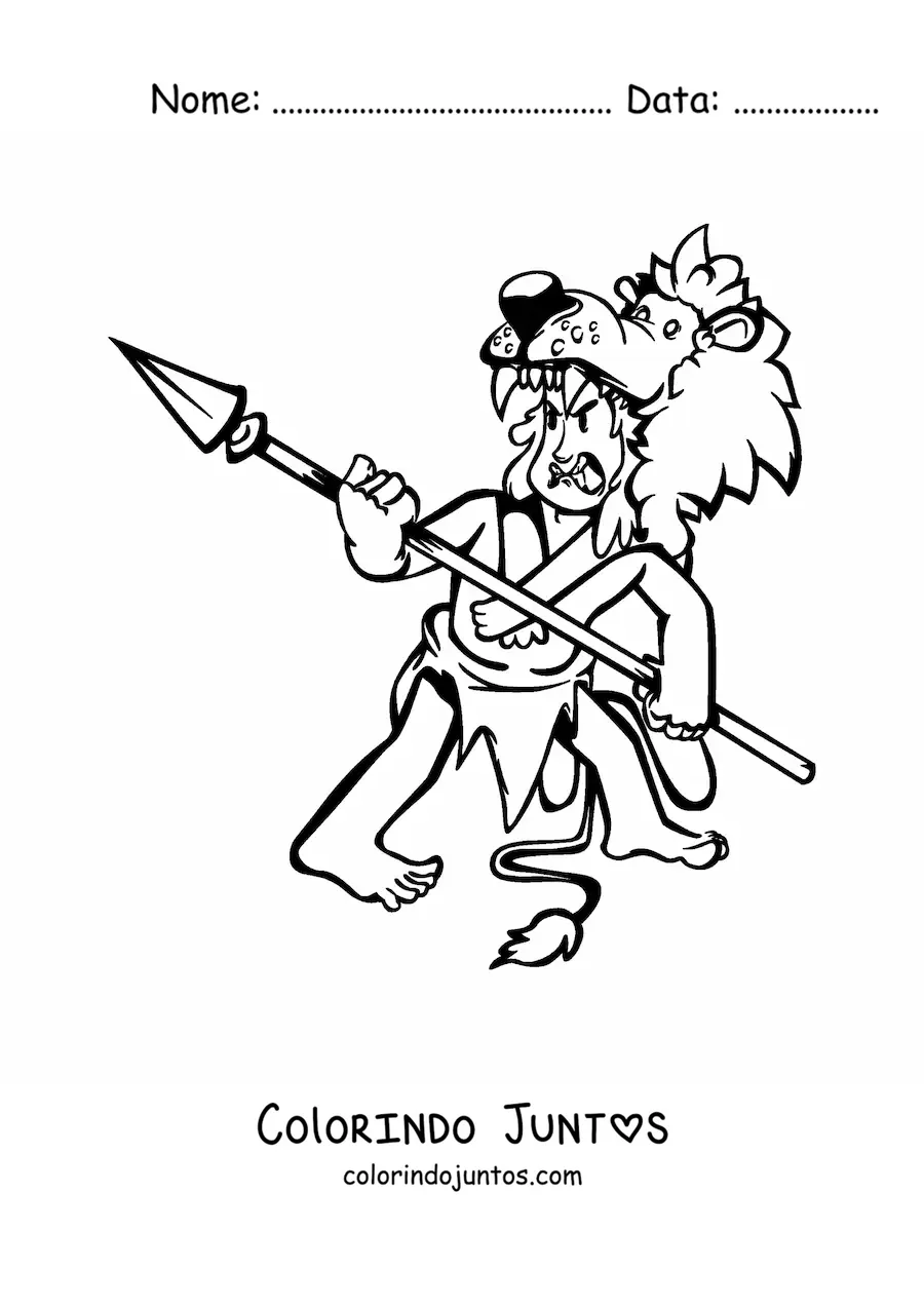 Desenho para colorir de um homem vestido com tanga e a pele de um leao usando uma lanca furioso