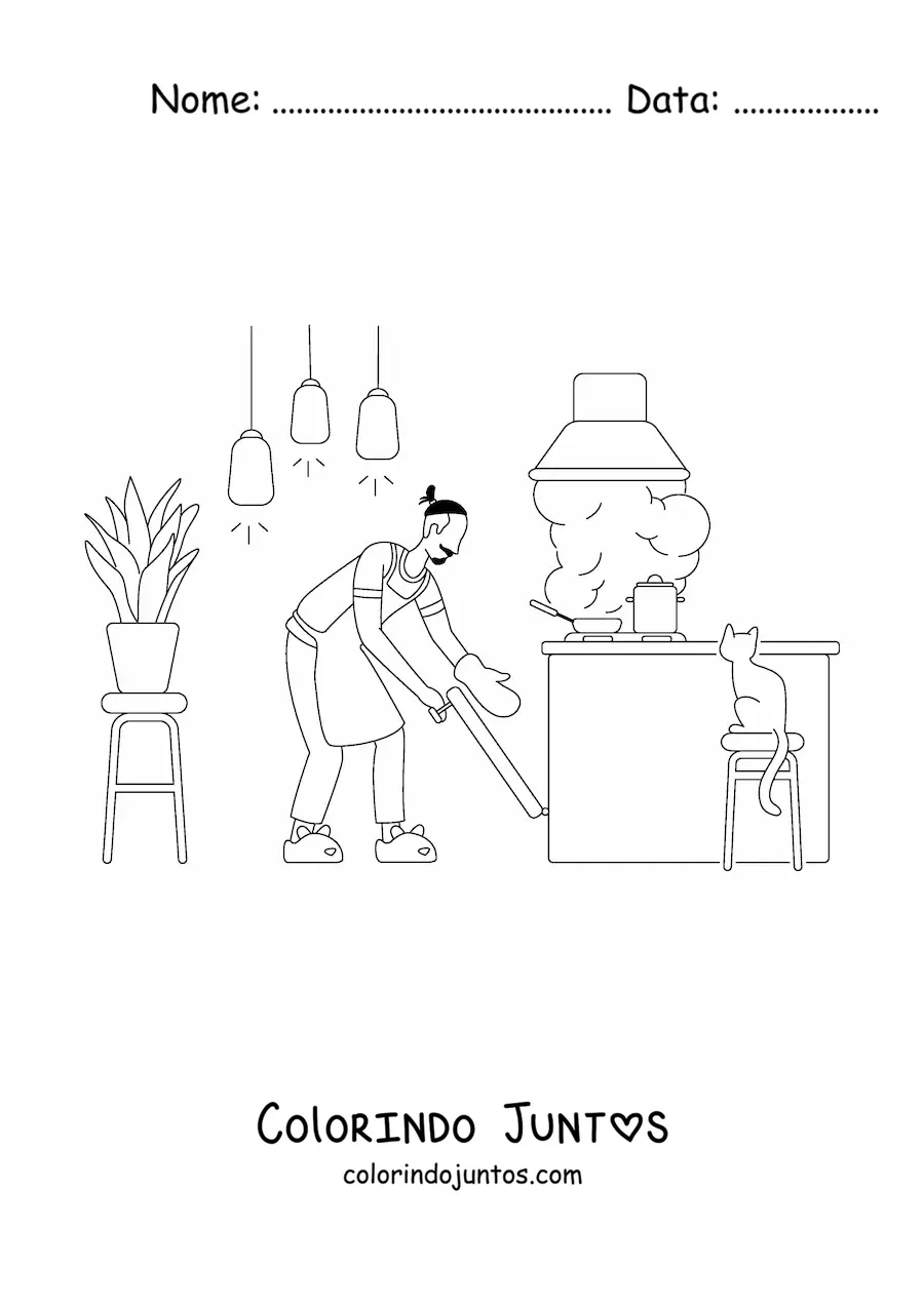 Desenho para colorir de um homem limpando um apartamento