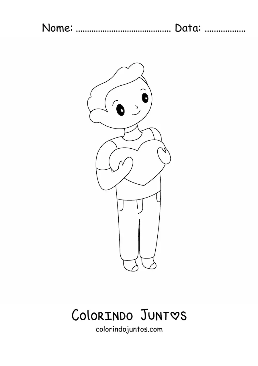 Desenho para colorir de um homem jovem segurando um coracao nos bracos