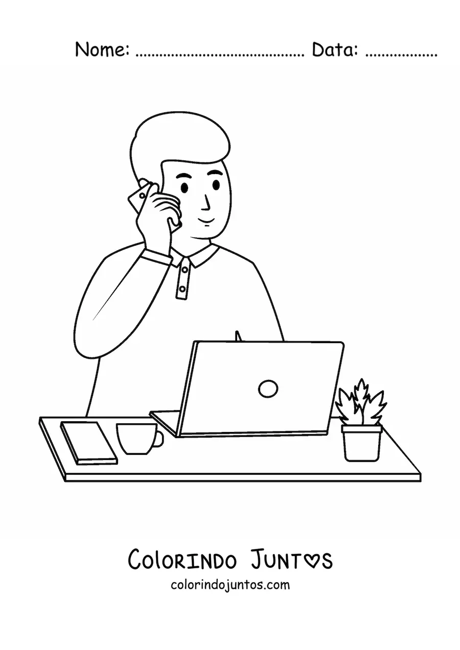 Desenho para colorir de um homem jovem feliz trabalhando no computador enquanto fala ao telefone