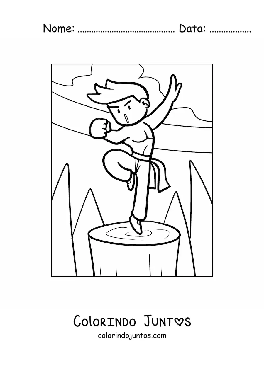 Desenho para colorir do desenho de um jovem caratista forte treinando