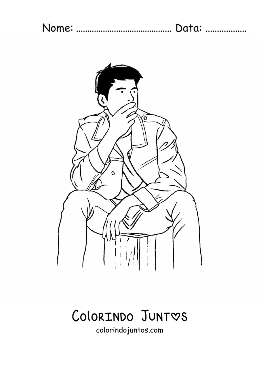 Desenho para colorir de um homem jovem sentado pensativo