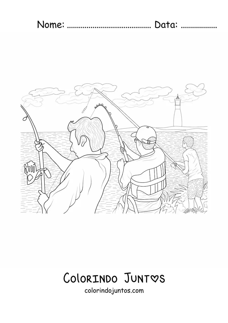 Desenho para colorir de varios homens pescando na beira de um lago