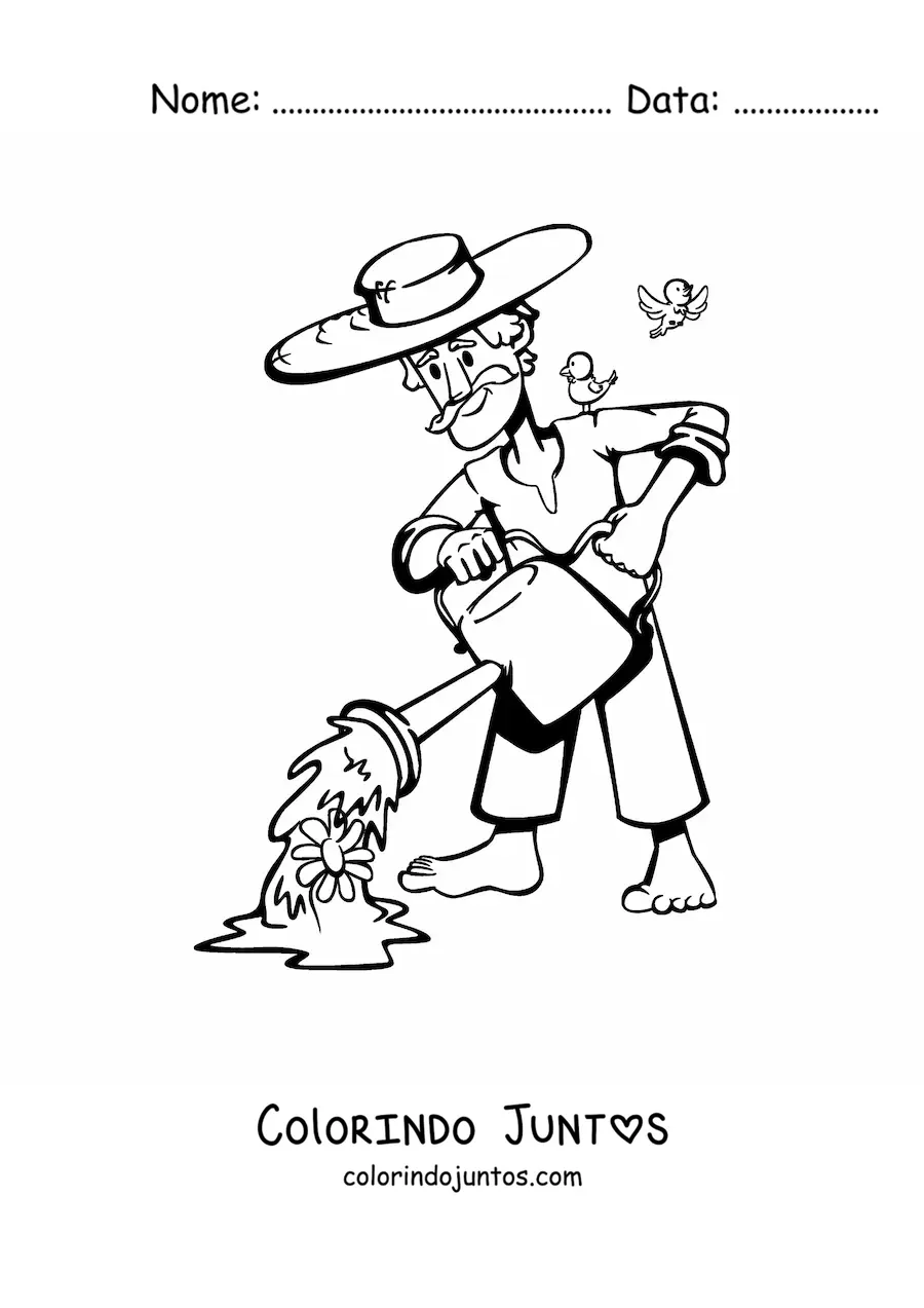 Desenho para colorir de um senhor jardineiro regando as plantas