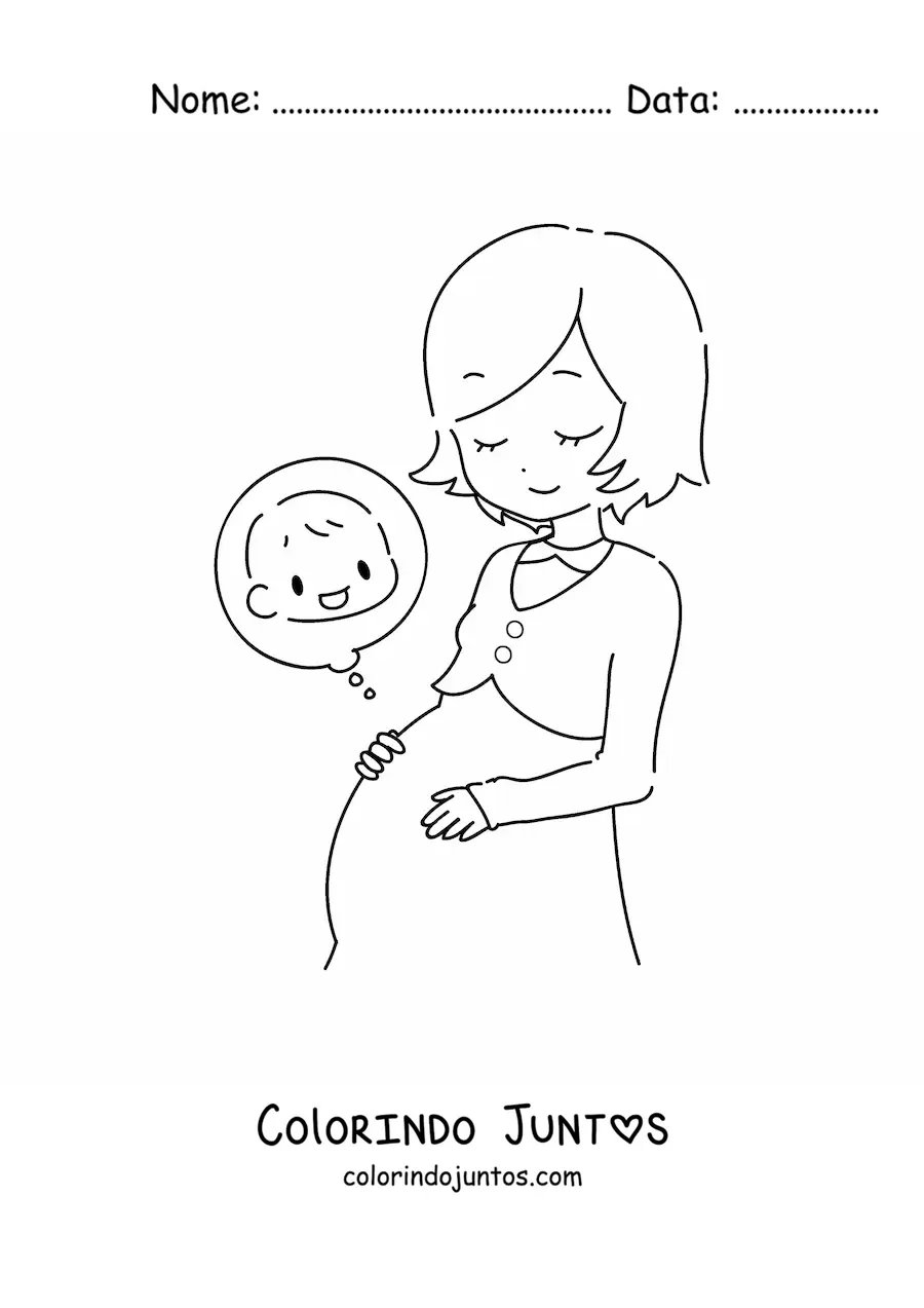 Desenho para colorir de uma mulher jovem gravida sentindo o bebe na barriga