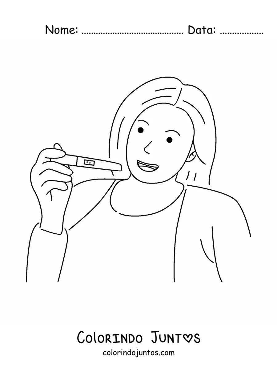 Desenho para colorir de uma mulher feliz segurando um teste de gravidez