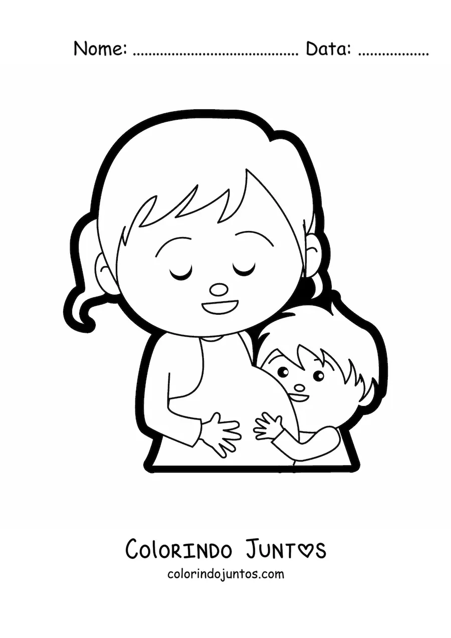 Desenho para colorir de uma mae gravida ao lado de seu filho mais velho
