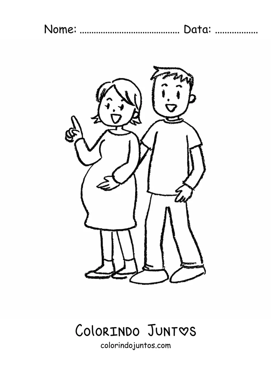 Desenho para colorir de um casal de esposos em que a mulher esta gravida