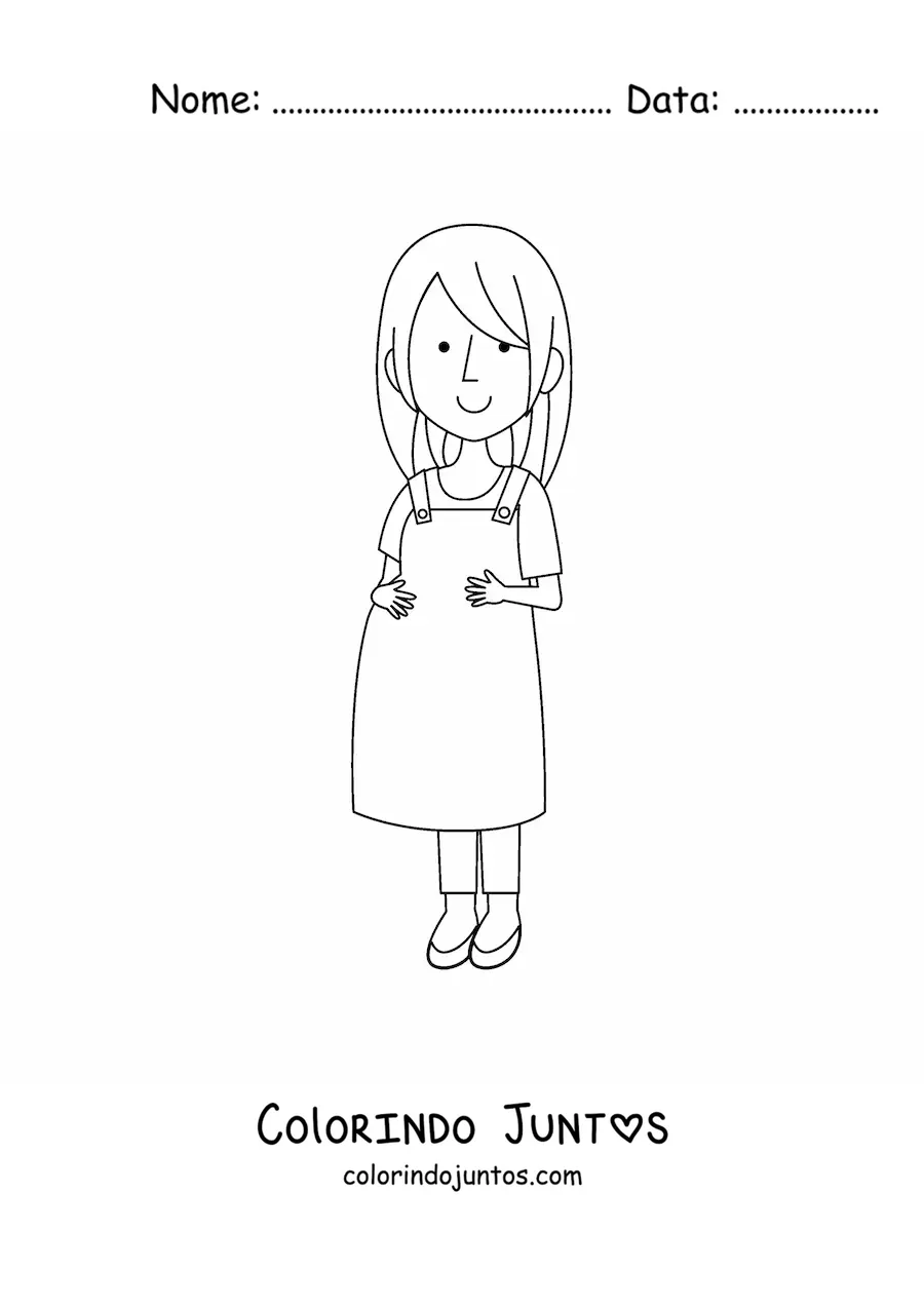 Desenho para colorir de uma mulher gravida sorridente com as maos sobre a barriga