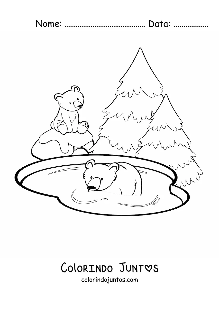 Desenho para colorir de um par de ursos-polares em um lago ao lado de uns pinheiros