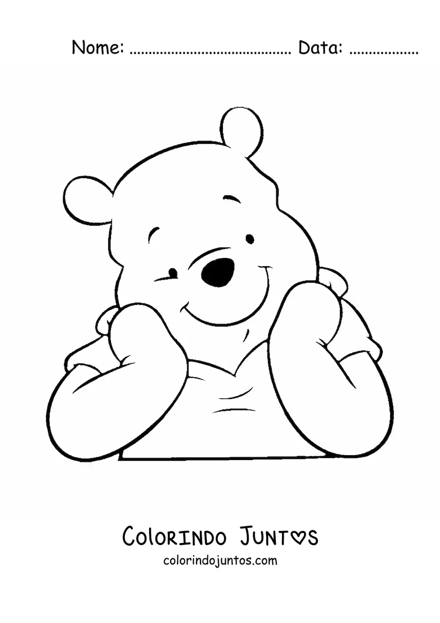 Desenho para colorir do rosto do Ursinho Pooh apoiado sobre as maos sorridente