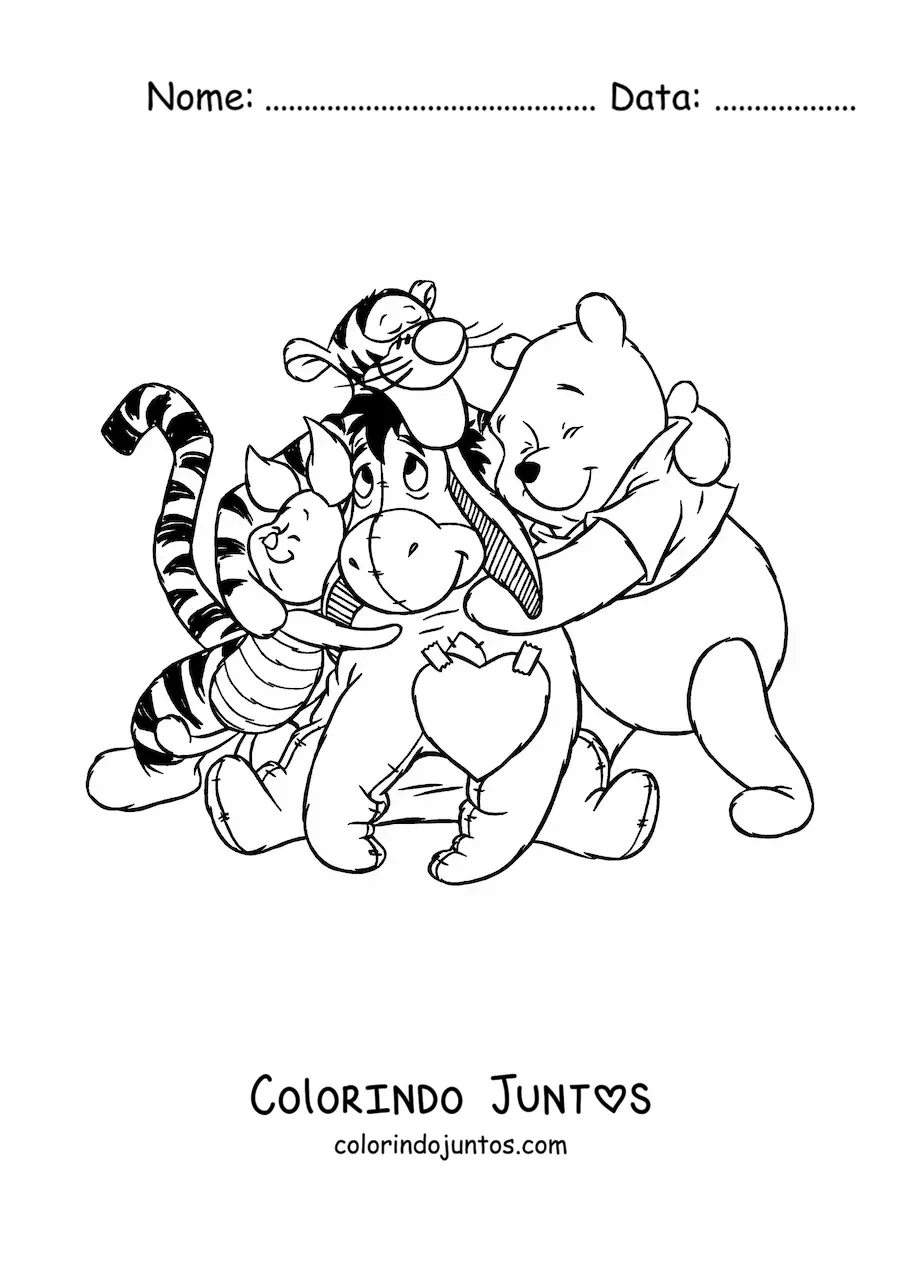 Desenho para colorir do Ursinho Pooh em um abraco com seus amigos