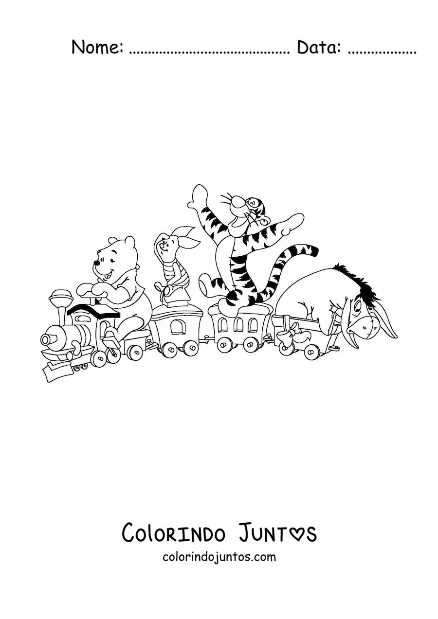 Desenho para colorir do Ursinho Pooh e seus amigos brincando em um trem de brinquedo