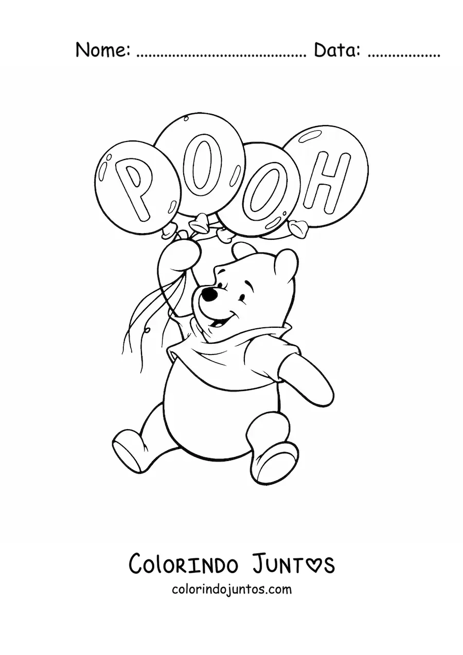 Desenho para colorir do Ursinho Pooh flutuando segurando uns baloes com seu nome