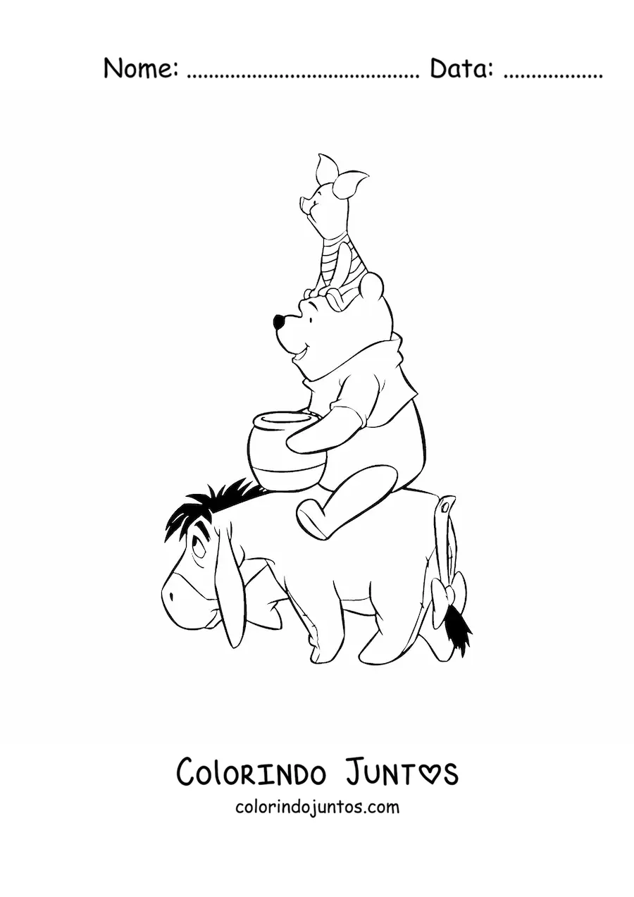Desenho para colorir do Pooh sentado sobre o Bisonho com o Leitao sentado sobre sua cabeca