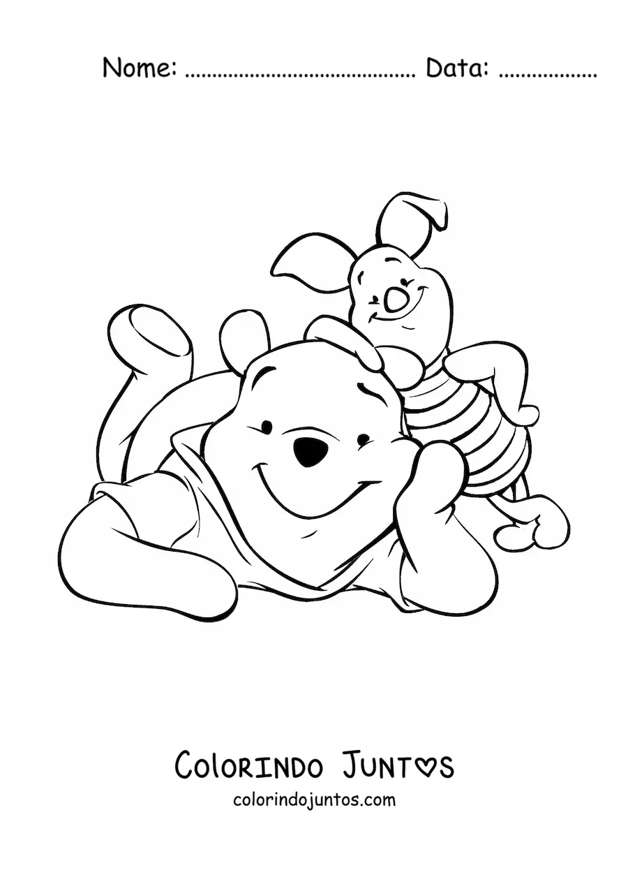 Desenho para colorir do Pooh sorridente junto ao Leitao