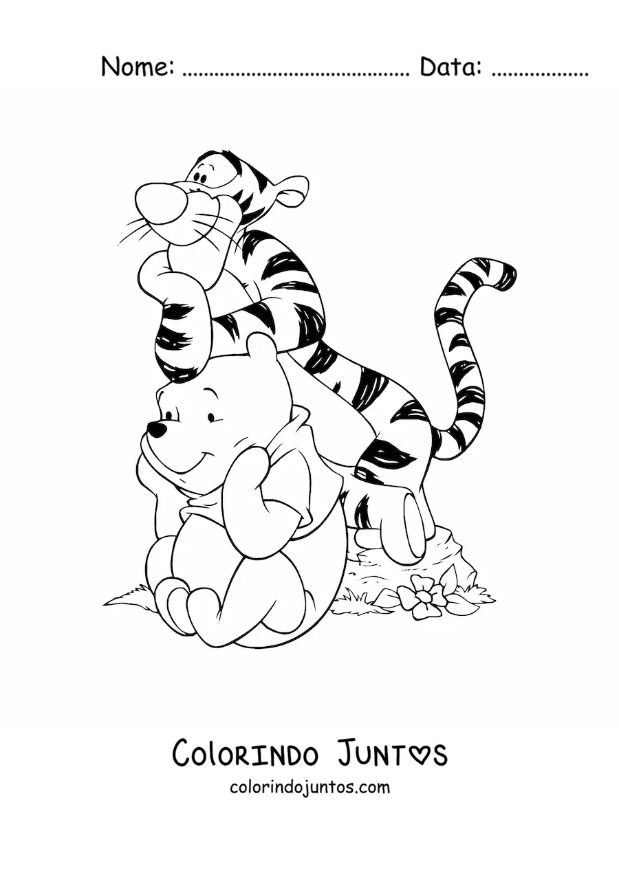 Desenho para colorir do Tigrão apoiado sobre a cabeça do Pooh sentado