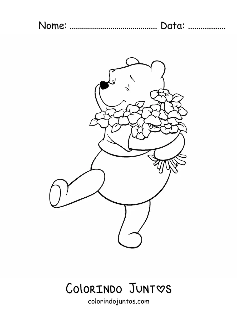 Desenho para colorir do Ursinho Pooh feliz abracando umas flores