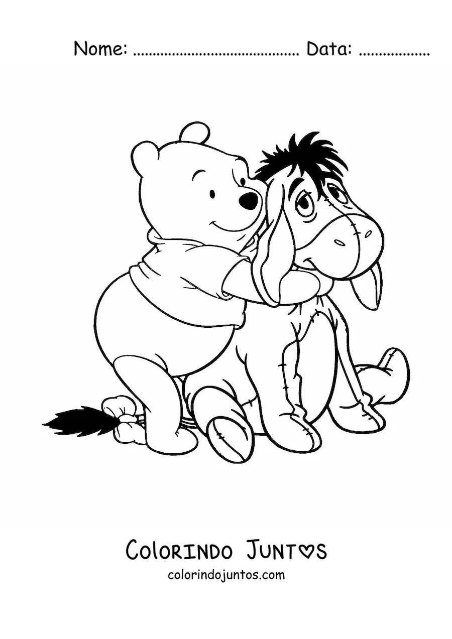 Desenho para colorir do Pooh abracando o Bisonho