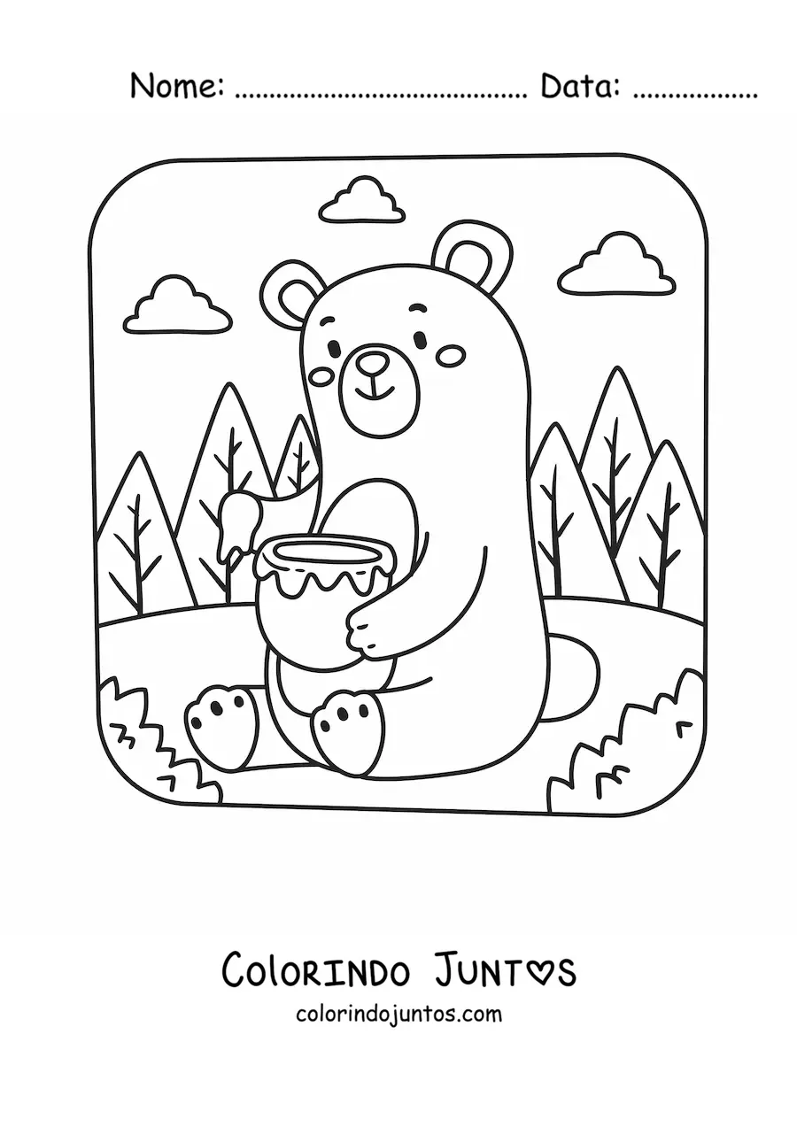 Desenho para colorir de um urso kawaii animado sentado na floresta comendo mel de um pote