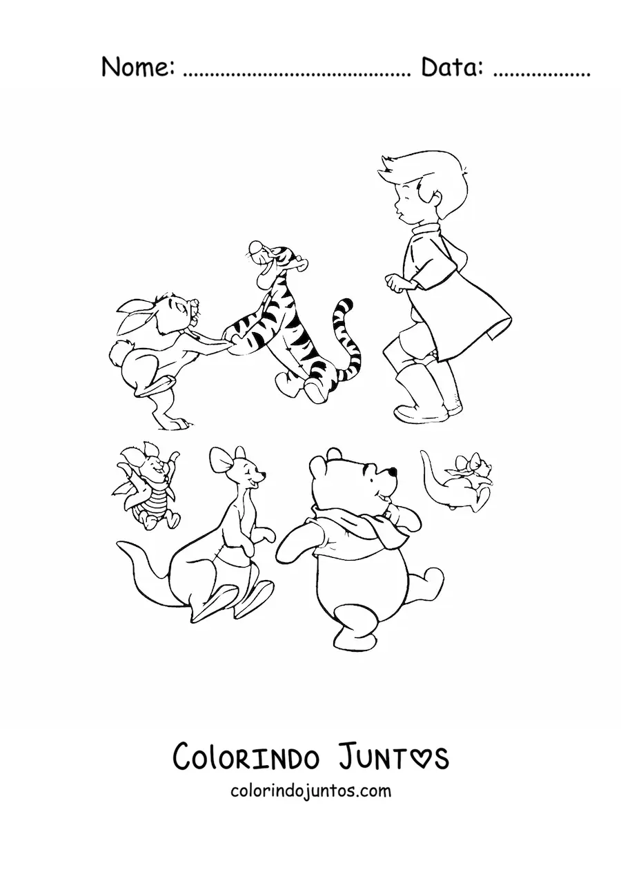 Desenho para colorir dos amigos do Pooh brincando juntos