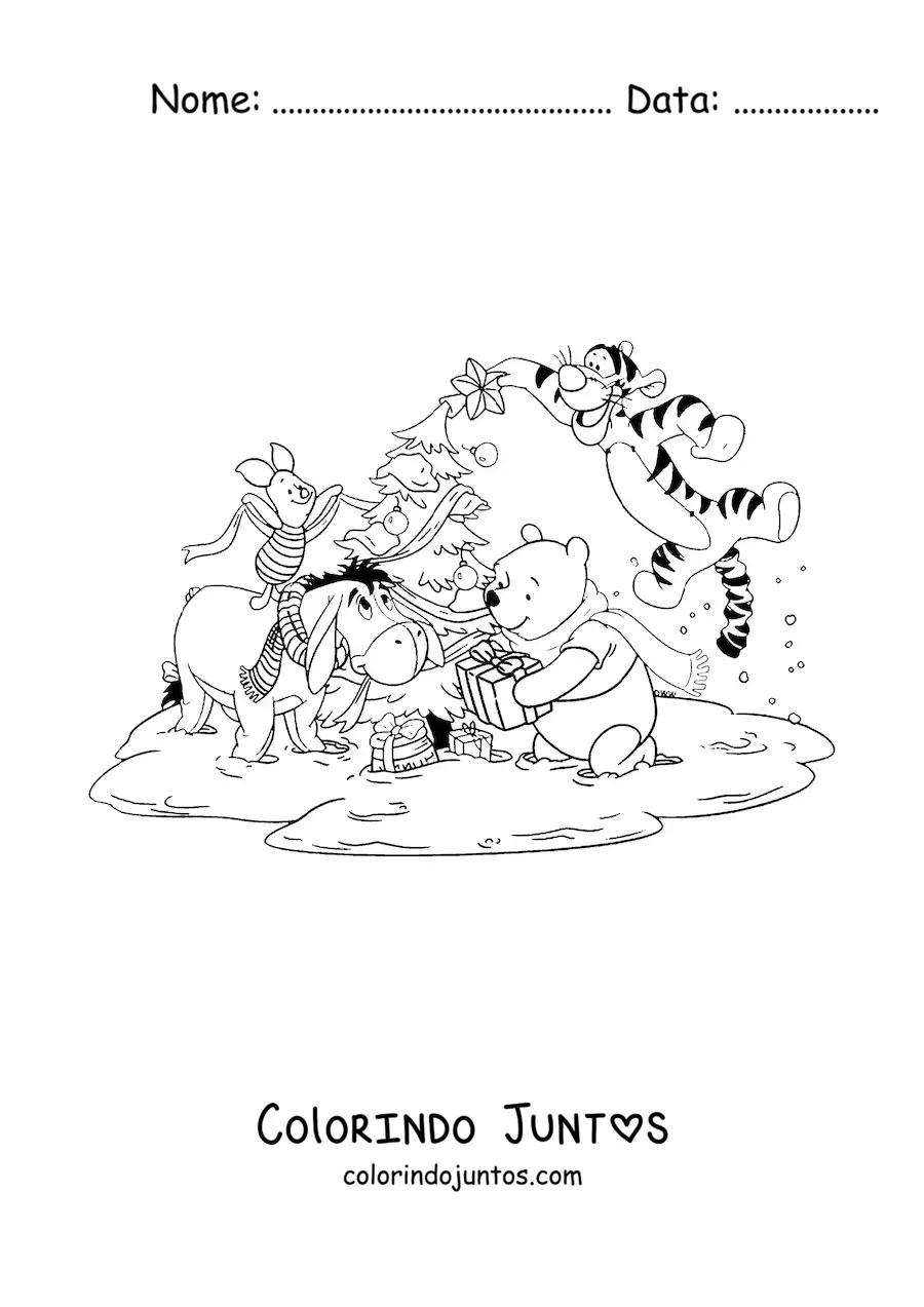 Desenho para colorir do Pooh junto a seus amigos decorando uma arvore de Natal