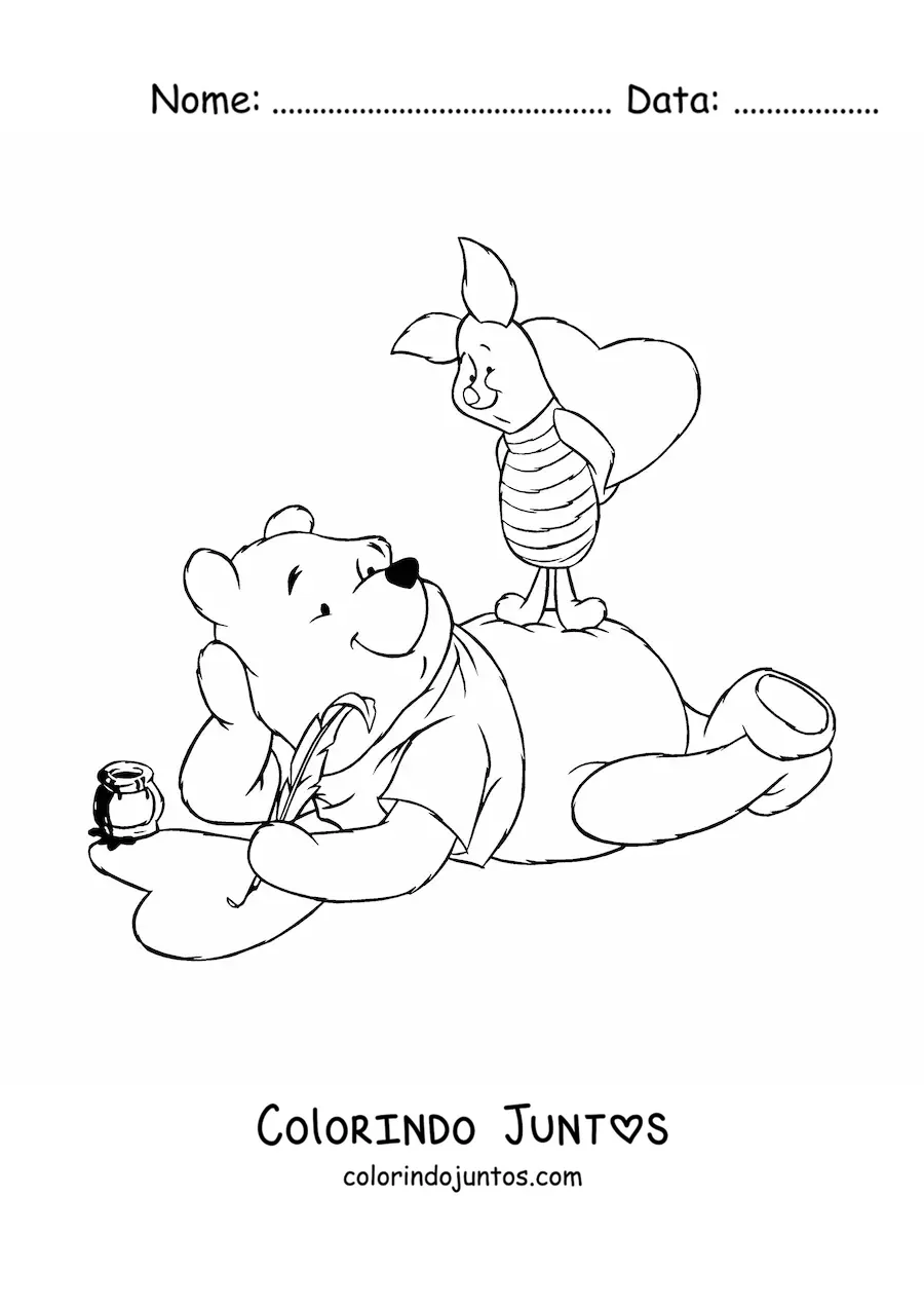 Desenho para colorir do Pooh junto ao Leitao desenhando coracoes