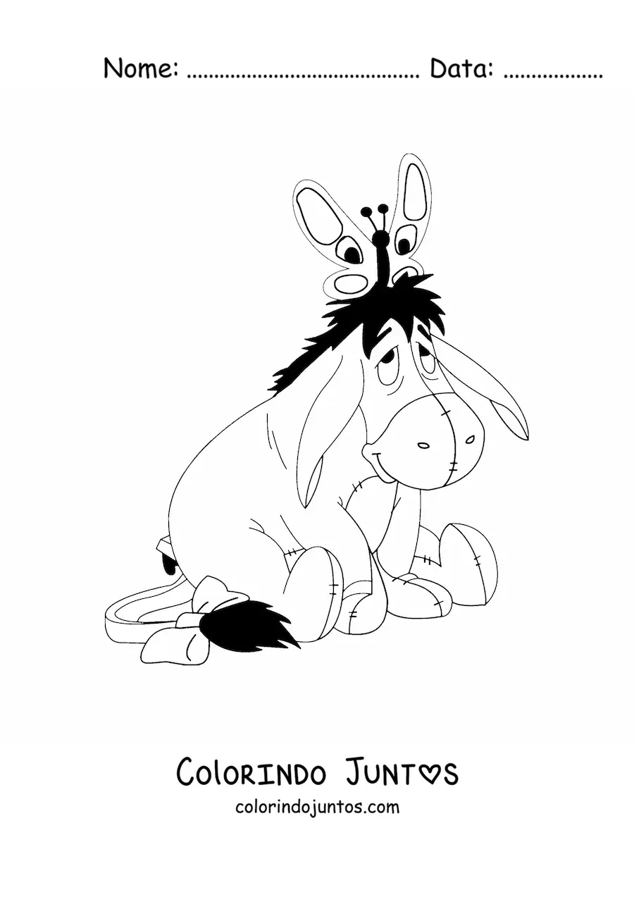 Desenho para colorir do Bisonho sentado com uma borboleta sobre sua cabeca