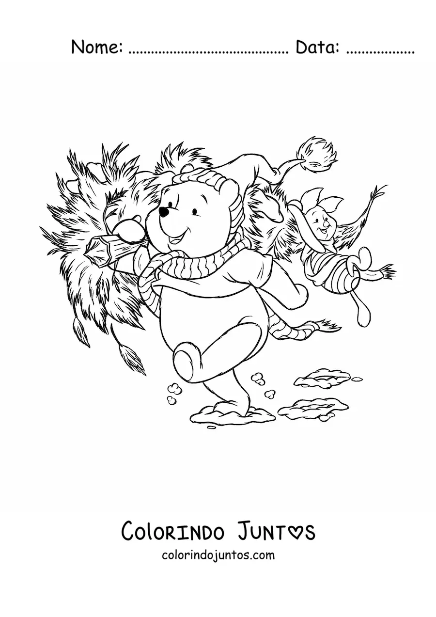 Desenho para colorir do Leitao e do Pooh carregando uma arvore de Natal