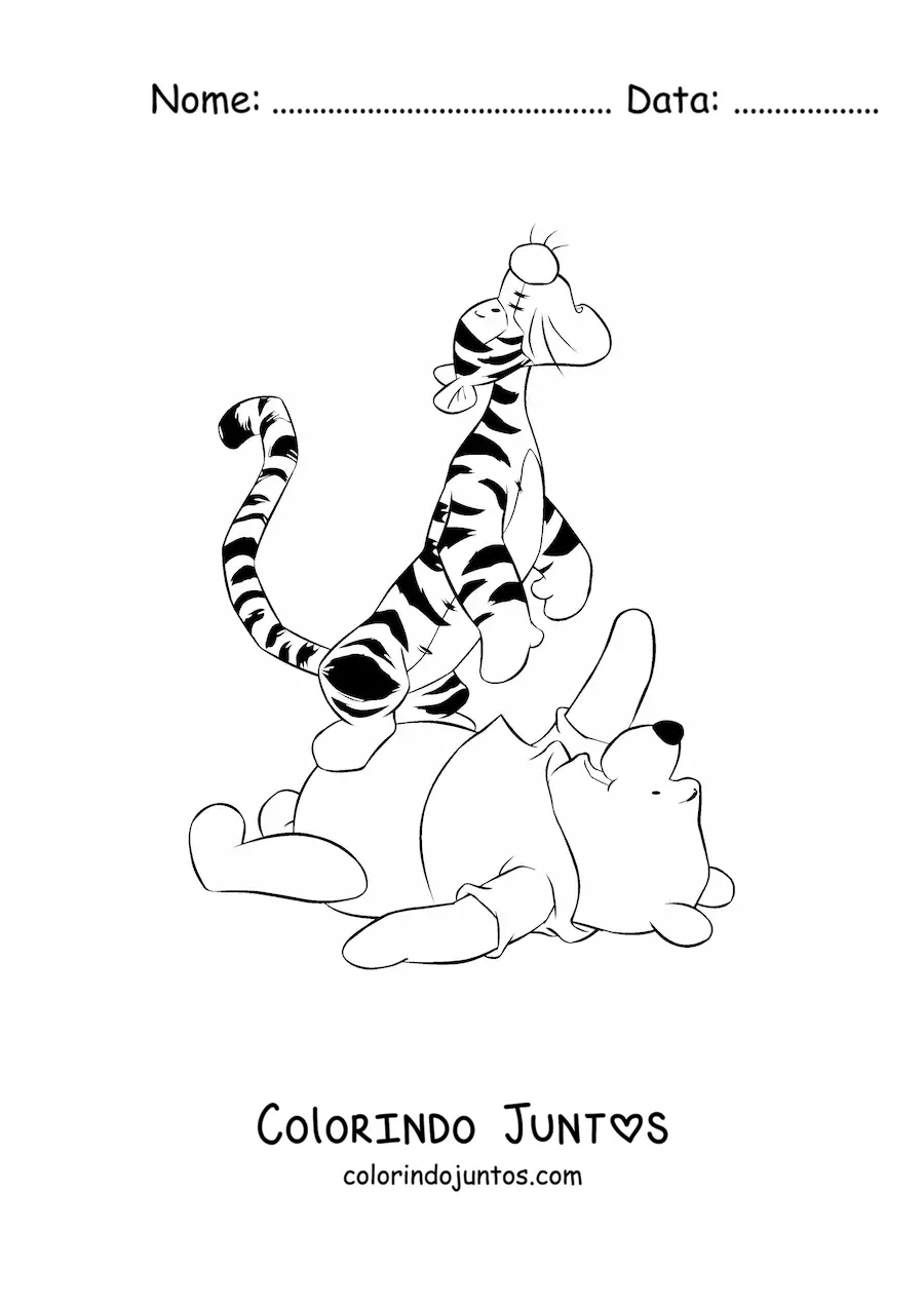 Desenho para colorir do Tigrão uivando sentado sobre a barriga do Pooh deitado