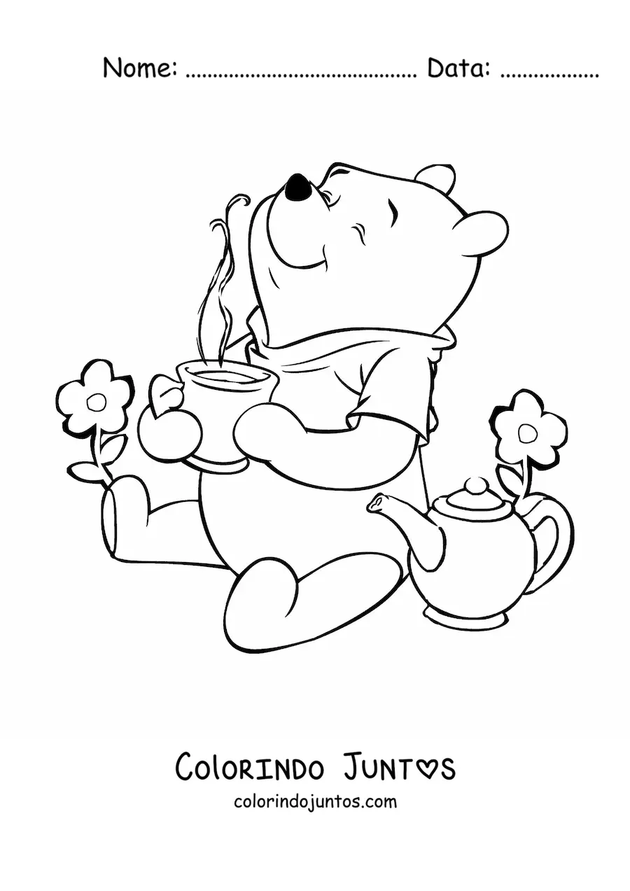 Desenho para colorir do Ursinho Pooh tomando cha junto a umas flores