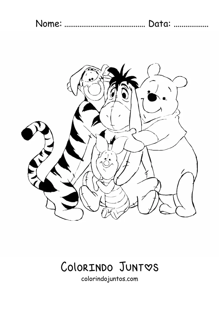 Desenho para colorir dos amigos do Ursinho Pooh em um abraco em grupo