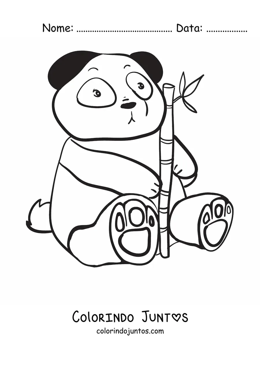 Desenho para colorir de um urso panda kawaii sentado segurando um ramo de bambu
