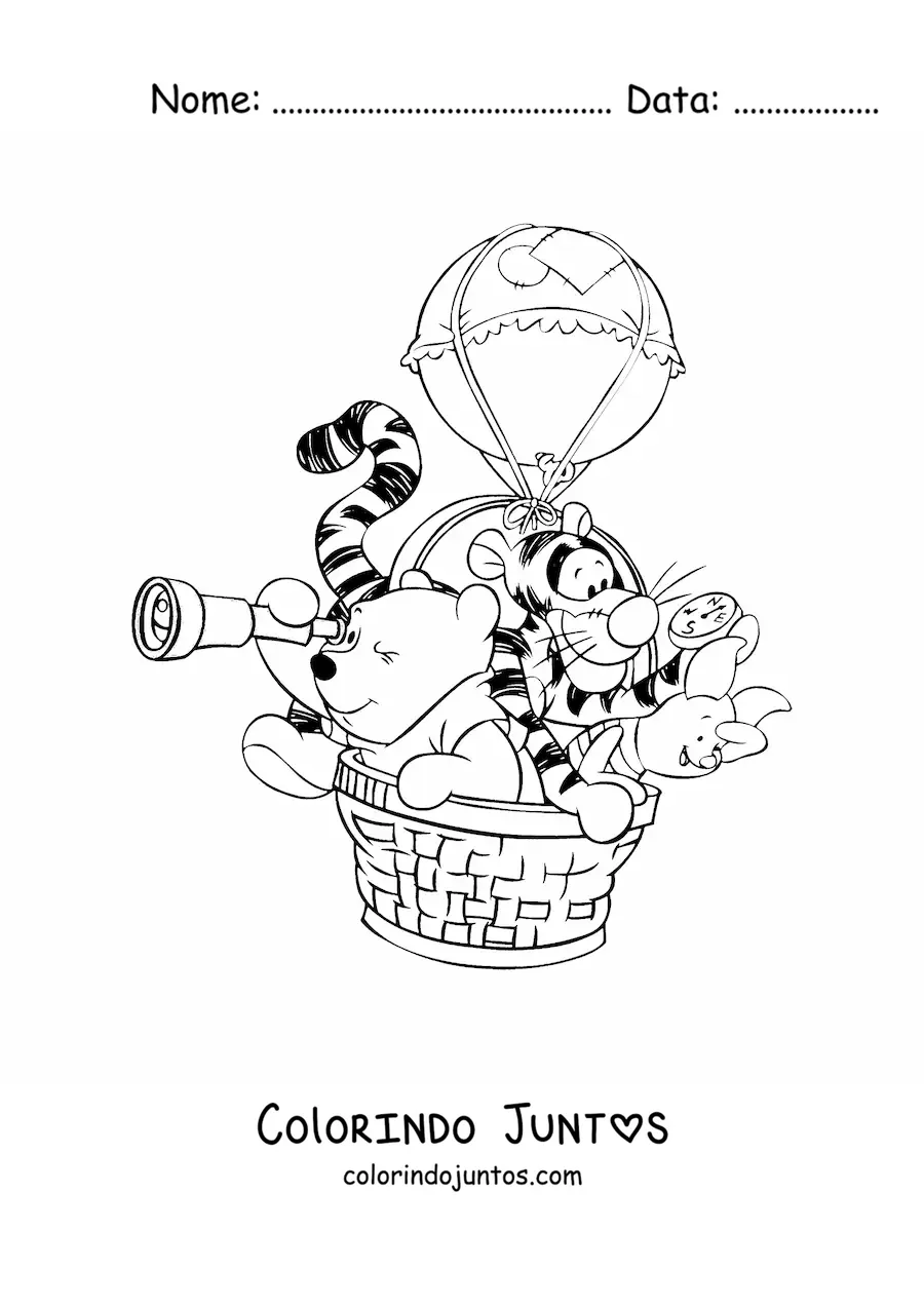 Desenho para colorir do Pooh, do Tigrão e do Leitão viajando em um balão de ar quente com um telescópio e uma bússola
