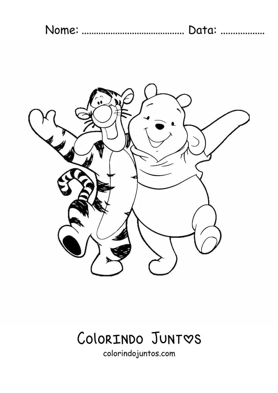 Desenho para colorir do Pooh e do Tigrão caminhando abraçados e felizes