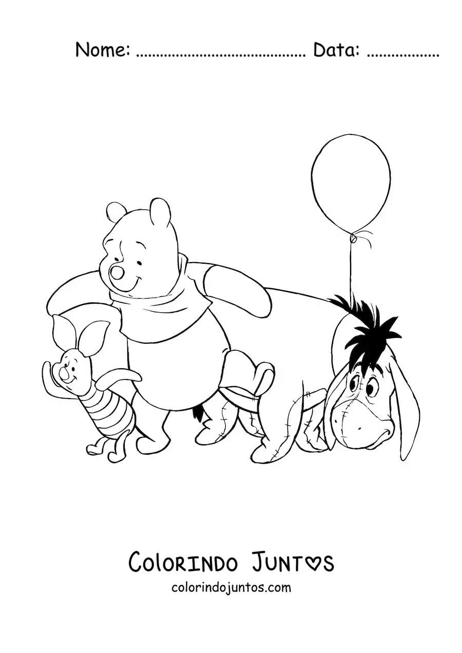 Desenho para colorir do Pooh junto ao Bisonho e ao Leitao