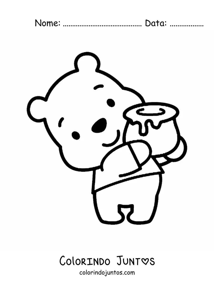 Desenho para colorir do Ursinho Pooh kawaii segurando um pote de mel