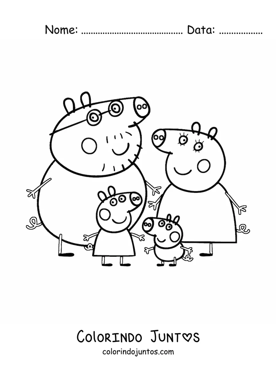 Desenho para colorir da Peppa junto a seus pais e seu irmao